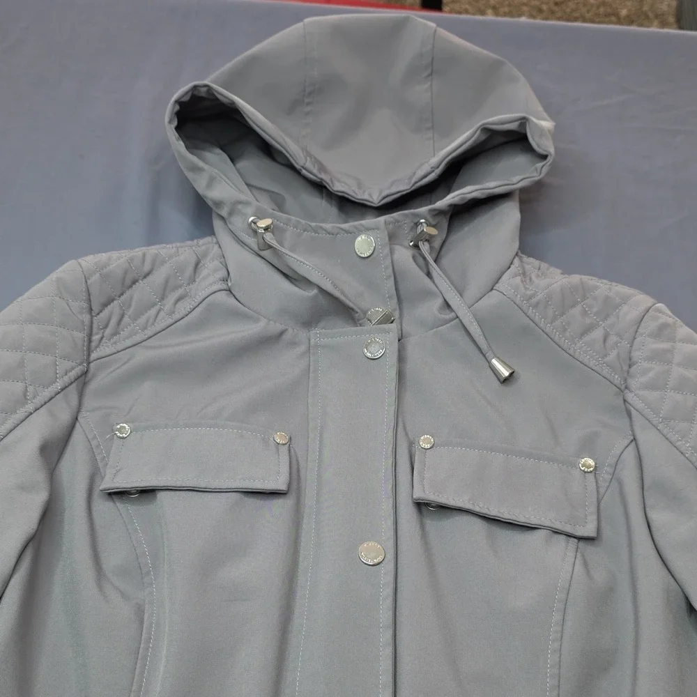 Michael Kors Jacket Womens S Gray Hooded Zip Quilted Shoulders Parka